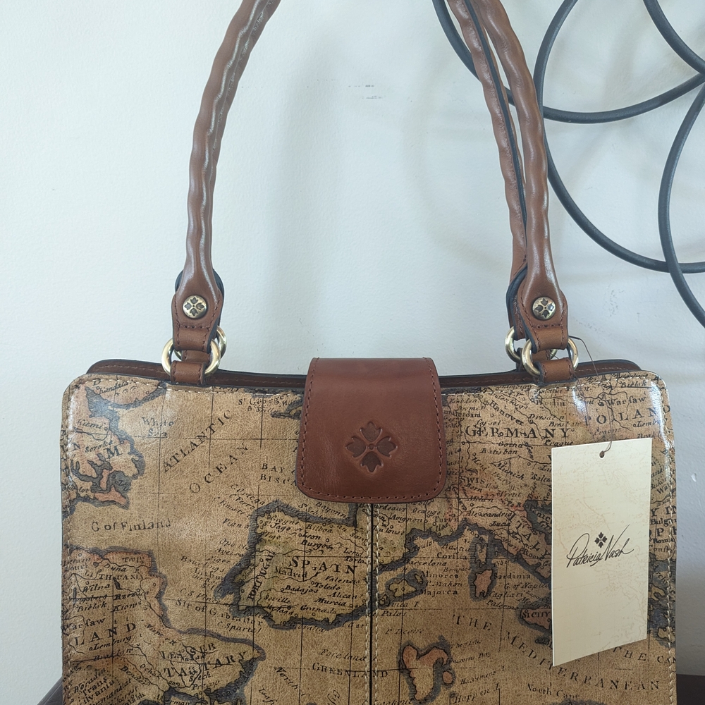 Vintage Map Print Handbag with Brown Accents